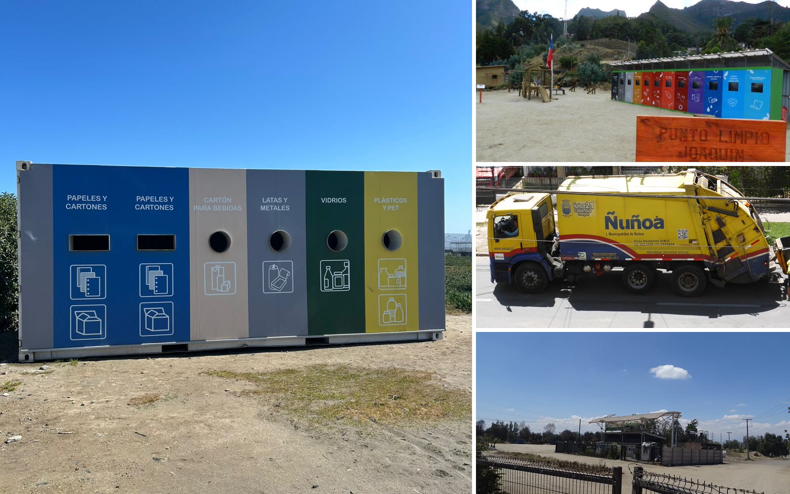 Collage de reciclaje: contenedor con compartimentos para papel, cartón, latas, vidrio y plástico, un punto limpio, un camión recolector y una planta de reciclaje